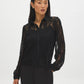 Black Lace Button-Front Blouse with Scalloped Hem - Woman Wearing Elegant Lace Top - Suzy Shier