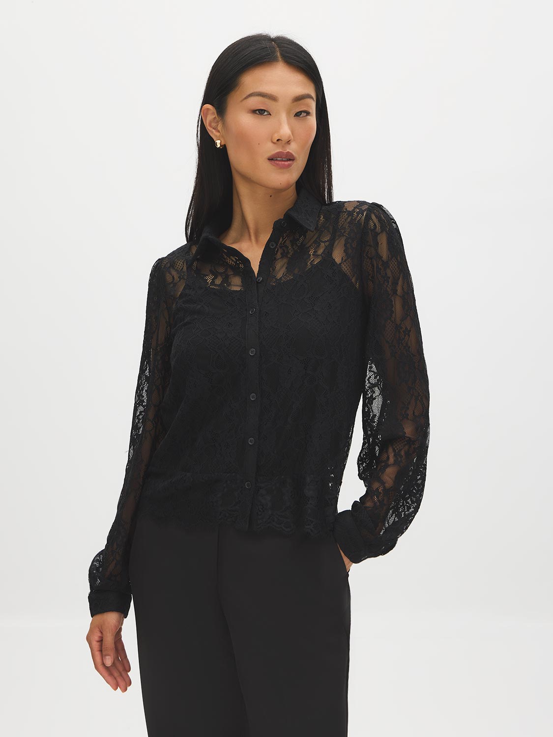 Black Lace Button-Front Blouse with Scalloped Hem - Woman Wearing Elegant Lace Top - Suzy Shier