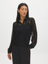 Black Lace Button-Front Blouse with Scalloped Hem - Woman Wearing Elegant Lace Top - Suzy Shier