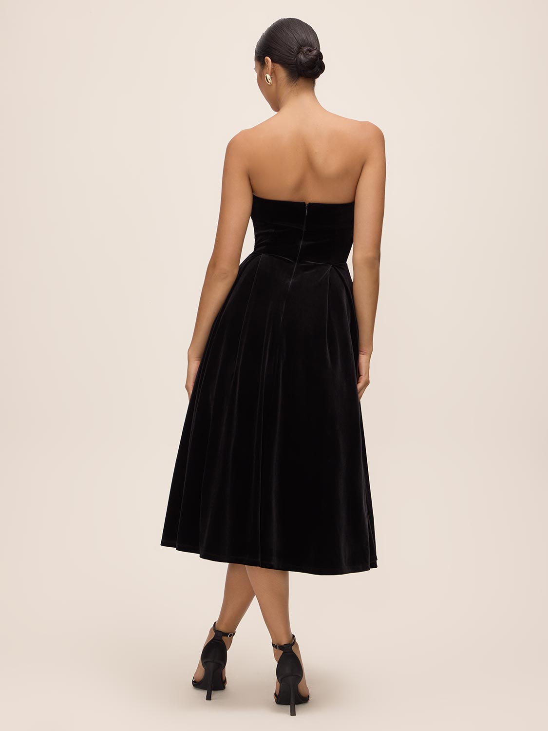 Black Velour Strapless Fit & Flare Dress - Back View - Le Chateau