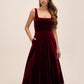 Burgundy Square Neck Velour Fit & Flare Cocktail Dress - Side Profile View - Le Chateau
