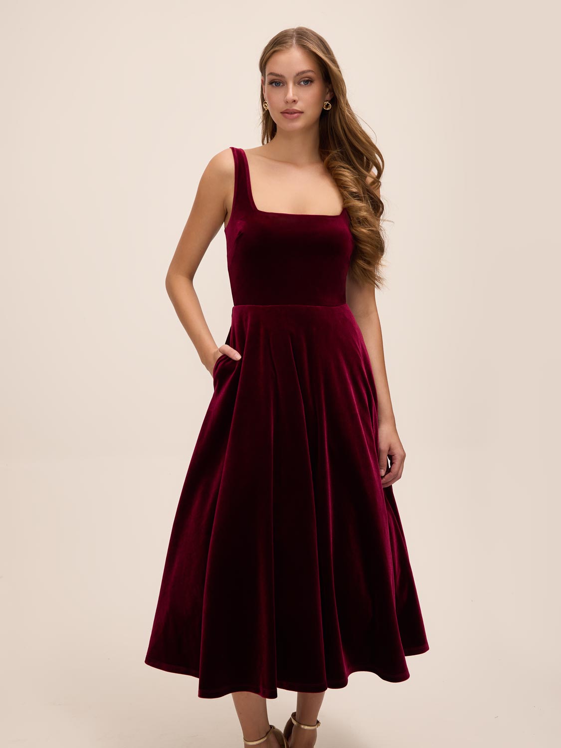 Burgundy Square Neck Velour Fit & Flare Cocktail Dress - Side Profile View - Le Chateau