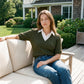Deep Depths Melange Jacquard Sweater with Poplin Collar - Woman Wearing Short Elbow Puff Sleeve Top - Suzy Shier