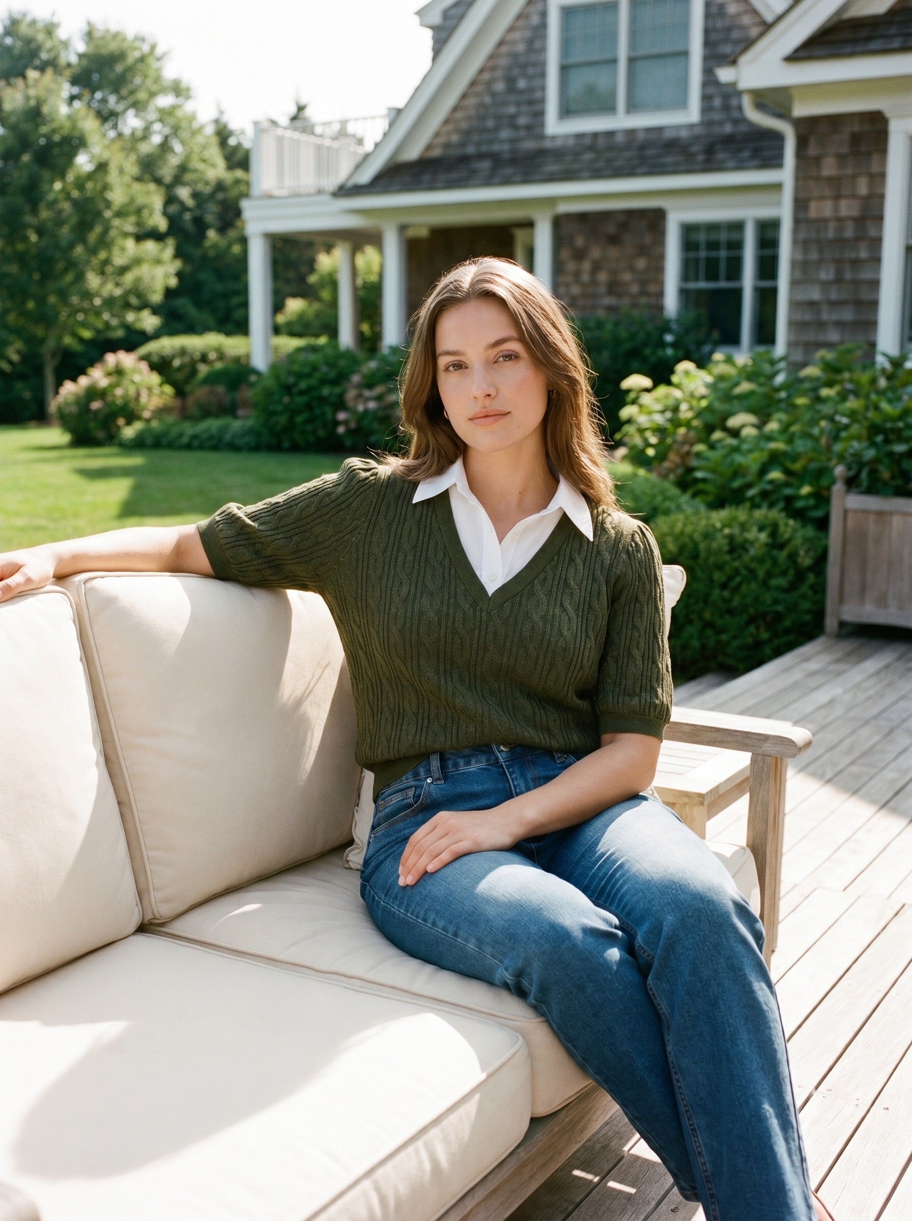 Deep Depths Melange Jacquard Sweater with Poplin Collar - Woman Wearing Short Elbow Puff Sleeve Top - Suzy Shier