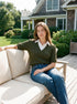 Deep Depths Melange Jacquard Sweater with Poplin Collar - Woman Wearing Short Elbow Puff Sleeve Top - Suzy Shier
