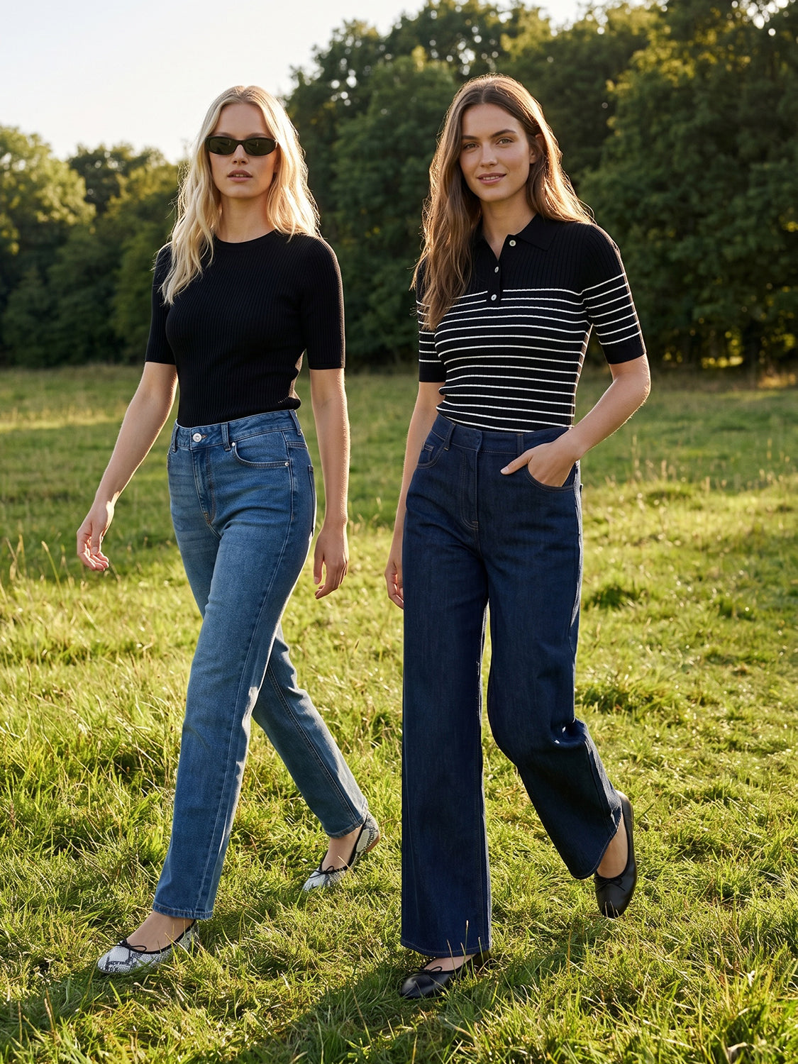 Black/Pearl Striped Ribbed Polo Sweater - Woman Wearing Buttoned Polo Knit Top - Suzy Shier