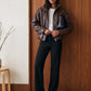 Brown Vegan Leather Bomber Jacket with Funnel Neck - Woman Wearing Vegan Leather Outerwear - Suzy Shier