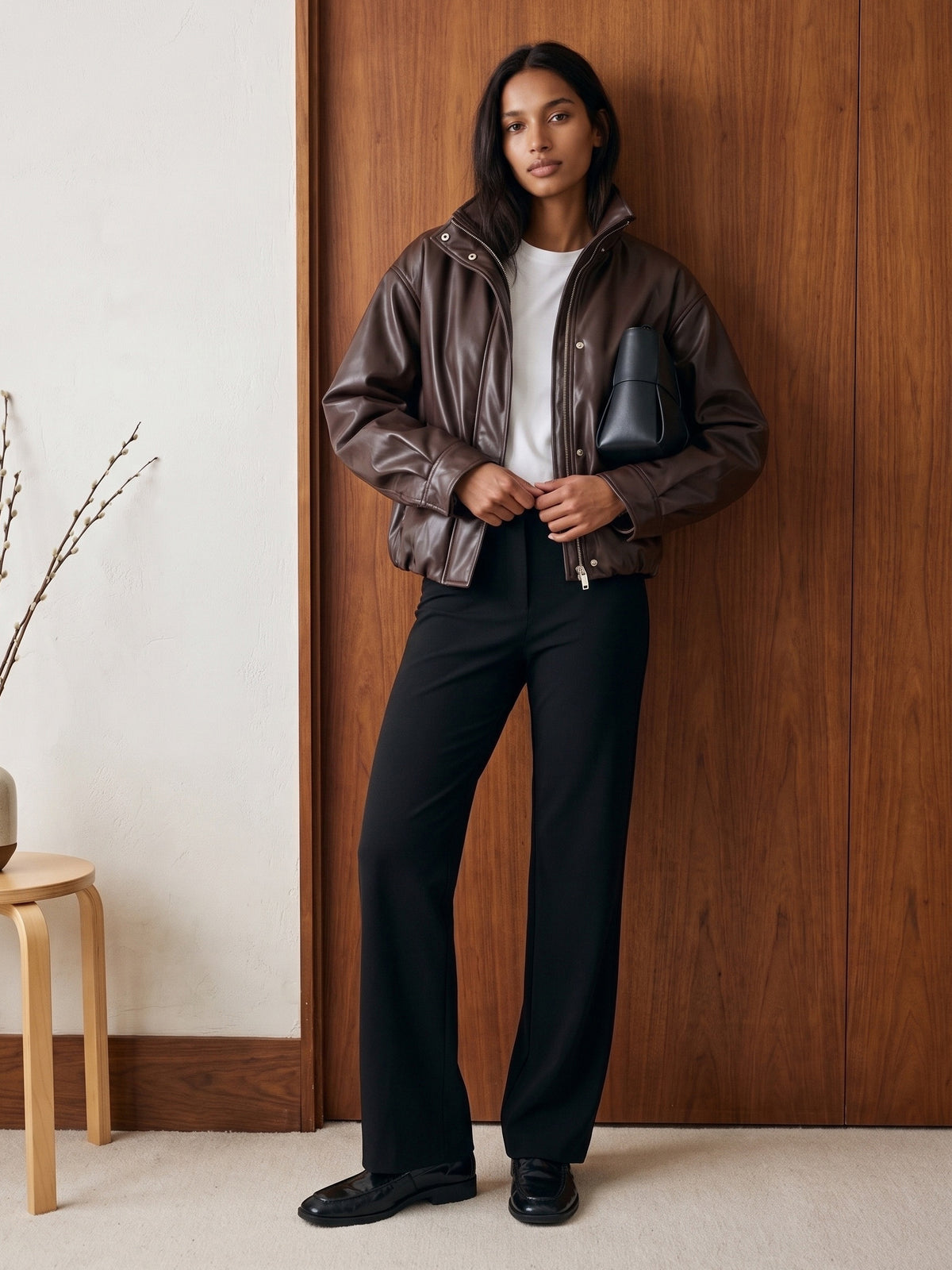 Brown Vegan Leather Bomber Jacket with Funnel Neck - Woman Wearing Vegan Leather Outerwear - Suzy Shier