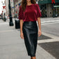 Black Textured Faux Leather Midi Skirt - Woman Wearing Column Skirt with Front Slit - Suzy Shier