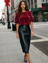 Black Textured Faux Leather Midi Skirt - Woman Wearing Column Skirt with Front Slit - Suzy Shier