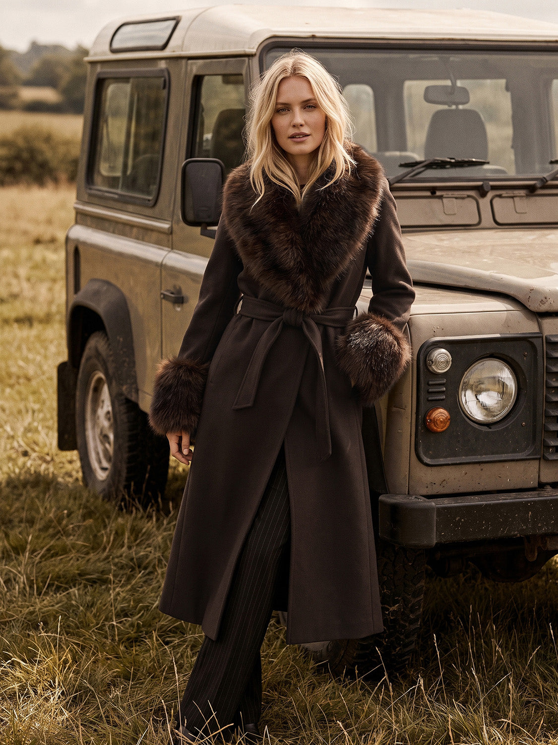 Dark Brown Melange Long Belted Faux Wool Coat - Front View - Suzy Shier
