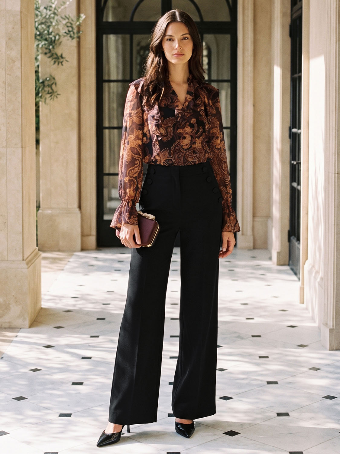 Black Wide Leg Woven Pants with Side Button Detail - Woman Wearing Tailored Trousers - Le Chateau