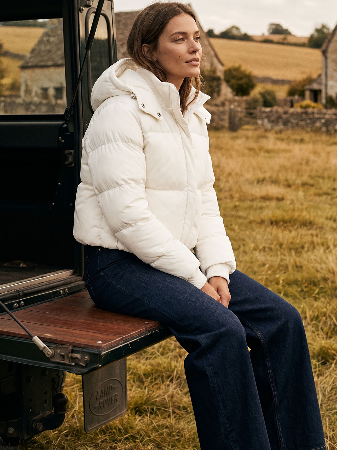 Cream Short Puffer Jacket with Hood - Woman Wearing Cropped Outerwear - Suzy Shier