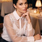 Off White Floral Appliqué Organza Blouse - Woman Wearing Sheer Elegant Top - Le Chateau