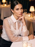Off White Floral Appliqué Organza Blouse - Woman Wearing Sheer Elegant Top - Le Chateau