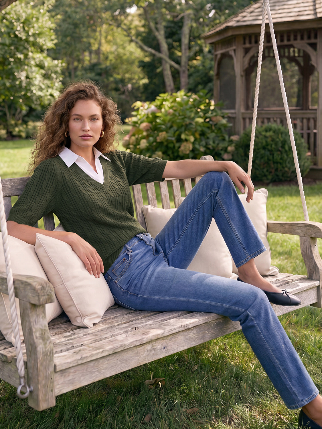 Deep Depths Melange Jacquard Sweater with Poplin Collar - Woman Wearing Short Elbow Puff Sleeve Top - Suzy Shier