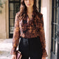 Black/Toffee Paisley Ruffle Blouse - Woman Wearing Flowing Patterned Top - Le Chateau