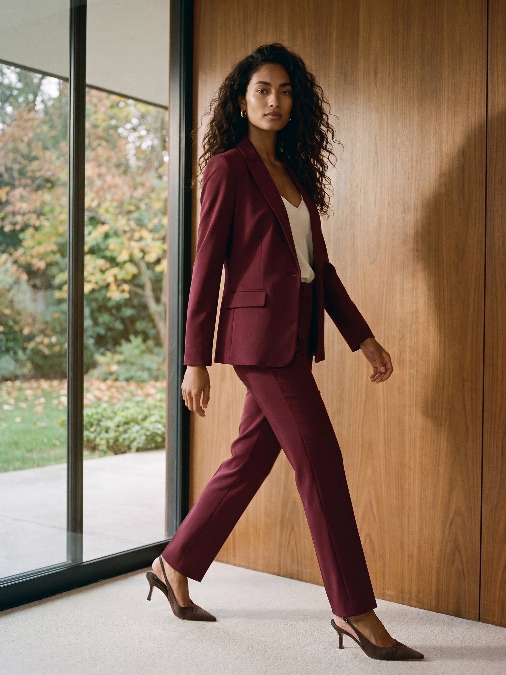 Merlot Mid-Rise Straight Leg Trousers - Woman Wearing Tailored Office Pants - Suzy Shier