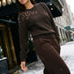 Brown Embellished Knit Sweater - Woman Wearing Brooch Detail Sweater - Suzy Shier