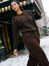 Brown Embellished Knit Sweater - Woman Wearing Brooch Detail Sweater - Suzy Shier