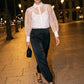 Black Satin Balloon Leg Pant - Woman Wearing Elegant Evening Pants - Le Chateau