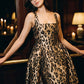 Antique Gold/Black Jacquard Animal Fit & Flare Mini Dress - Woman Wearing Square Neck Party Dress - Le Chateau
