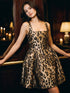 Antique Gold/Black Jacquard Animal Fit & Flare Mini Dress - Woman Wearing Square Neck Party Dress - Le Chateau