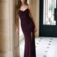 Black Cherry Cowl Neck Gown with Front Slit - Woman Wearing Evening Dress with Spaghetti Straps - Le Chateau