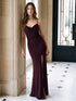 Black Cherry Cowl Neck Gown with Front Slit - Woman Wearing Evening Dress with Spaghetti Straps - Le Chateau