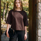 Coffee Bean Faux Suede Boxy Top - Woman Wearing Crew Neck Short Sleeve Top - Suzy Shier