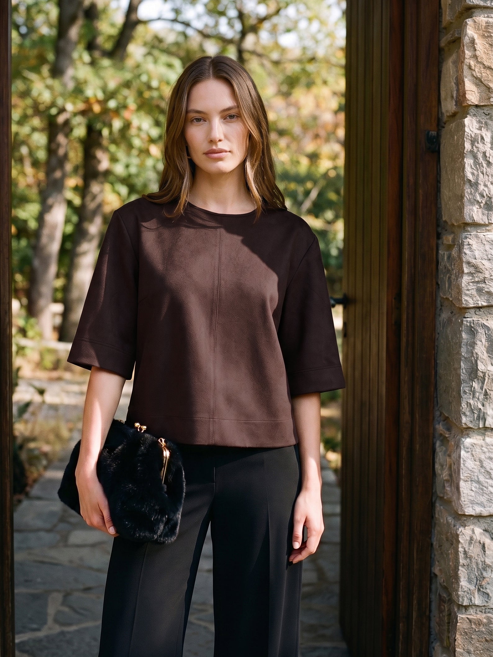 Coffee Bean Faux Suede Boxy Top - Woman Wearing Crew Neck Short Sleeve Top - Suzy Shier