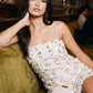 Antique Cream Sequin and Feather Mini Dress - Woman Wearing Evening Dress with Jewel Straps - Le Chateau