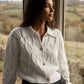 Pearl Cable Knit Sweater with Large Collar - Woman Wearing Textured Knit Sweater - Suzy Shier