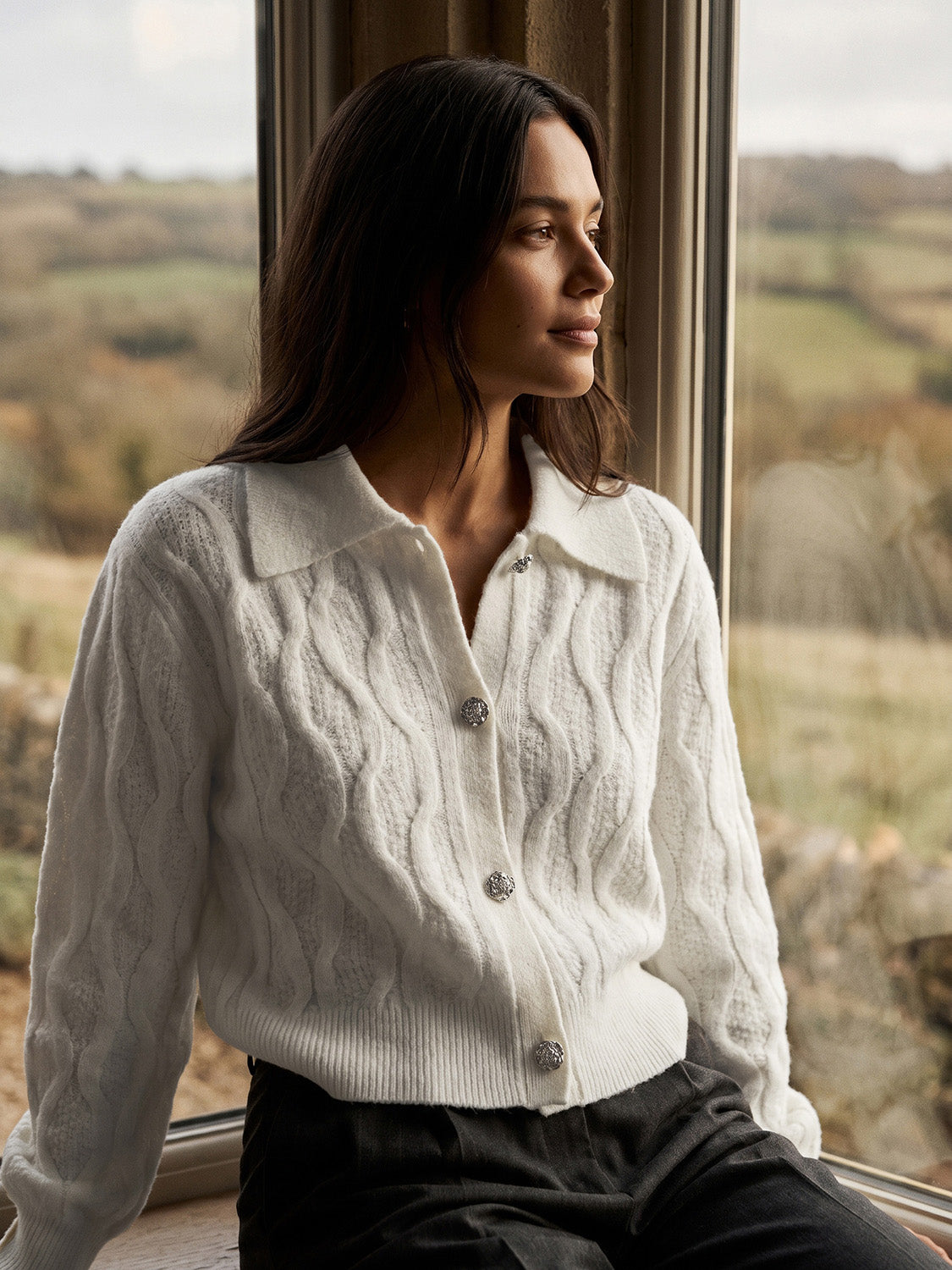Pearl Cable Knit Sweater with Large Collar - Woman Wearing Textured Knit Sweater - Suzy Shier