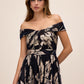 Dark Sapphire/Gold Off-Shoulder Metallic Crinkle Gown - Alternate Front View - Le Chateau