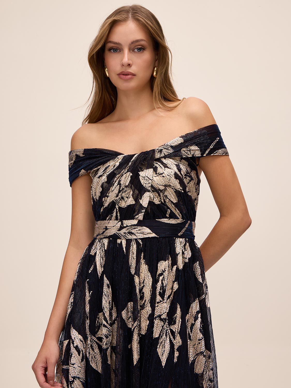 Dark Sapphire/Gold Off-Shoulder Metallic Crinkle Gown - Alternate Front View - Le Chateau