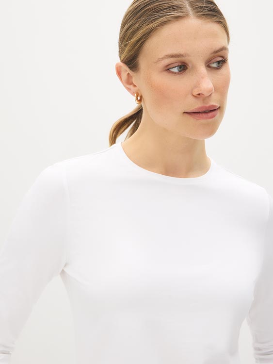 Bright White Long Sleeve Crew Neck Jersey Top - Close-up Collar Detail - Suzy Shier