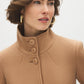 Camel Faux Wool Funnel Neck Coat with Wrap Belt - Collar Detail - Suzy Shier