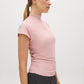 Zephyr Mock Neck Ribbed Top with Side Ruching - Woman Wearing Fitted Knit Top - Suzy Shier