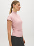 Zephyr Mock Neck Ribbed Top with Side Ruching - Woman Wearing Fitted Knit Top - Suzy Shier
