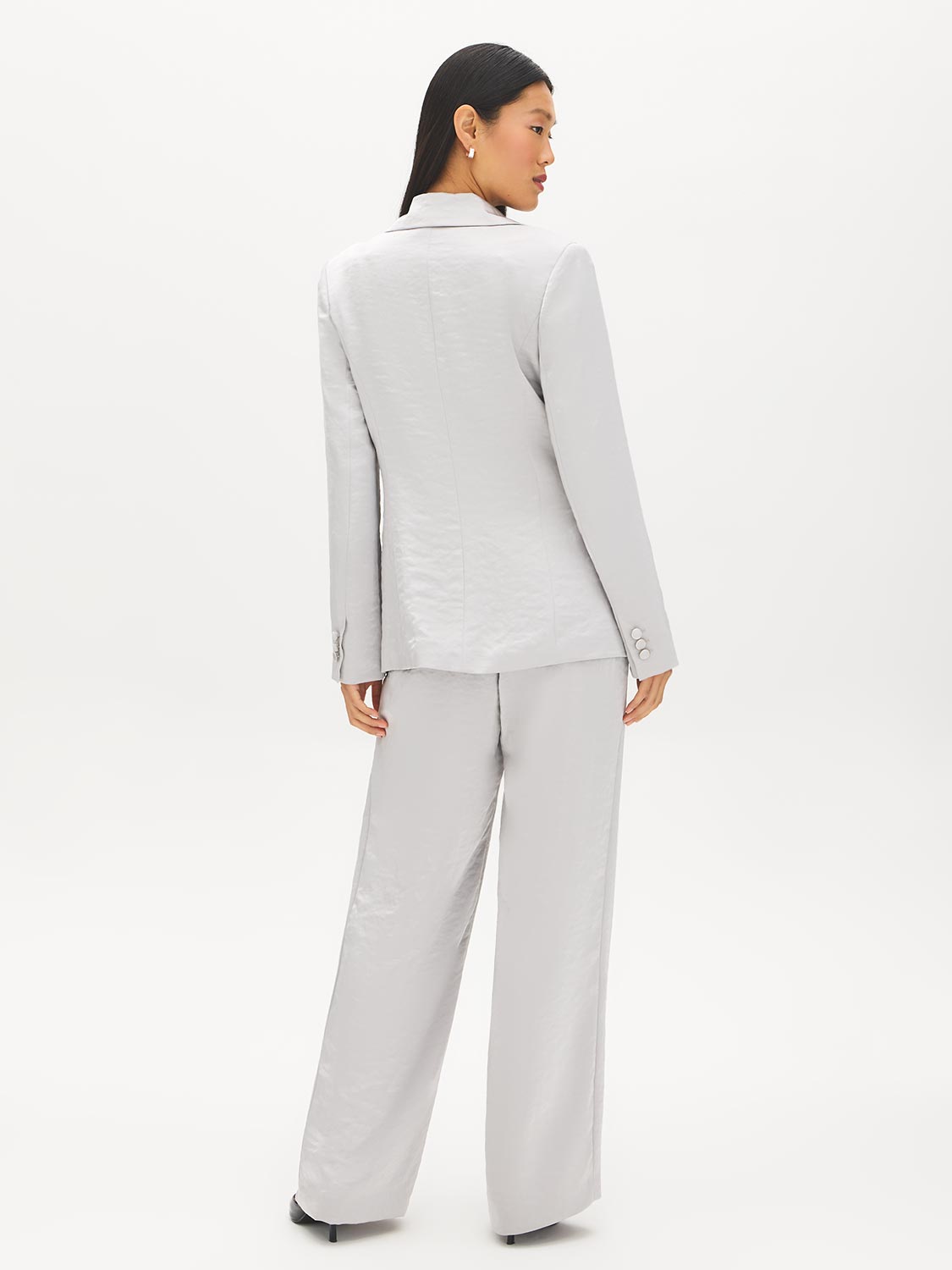 Silver One-Button Satin Blazer with Flap Pockets - Back View - Suzy Shier
