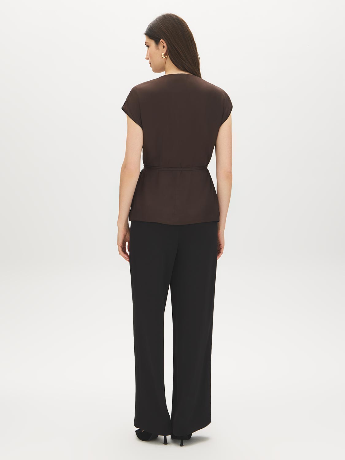 Coffee Bean Kimono Wrap Blouse with Waist Tie - Back View - Suzy Shier