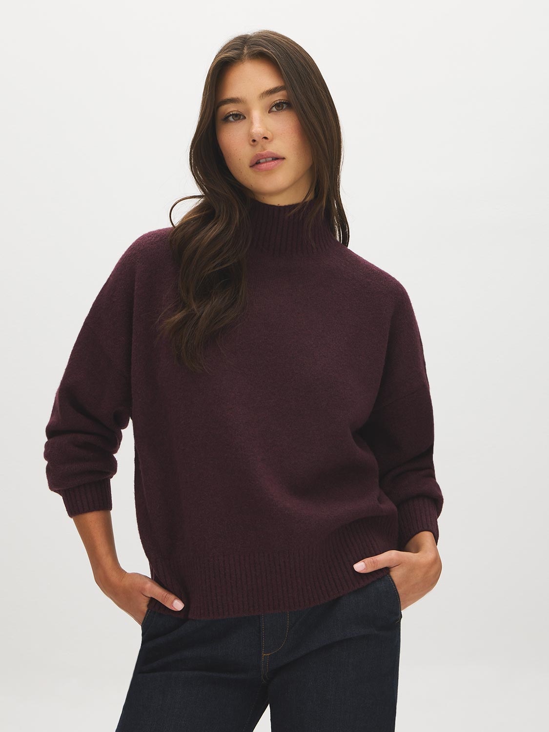 Winetasting Mock Neck Drop Shoulder Sweater - Woman Wearing Soft Knit Pullover - Suzy Shier