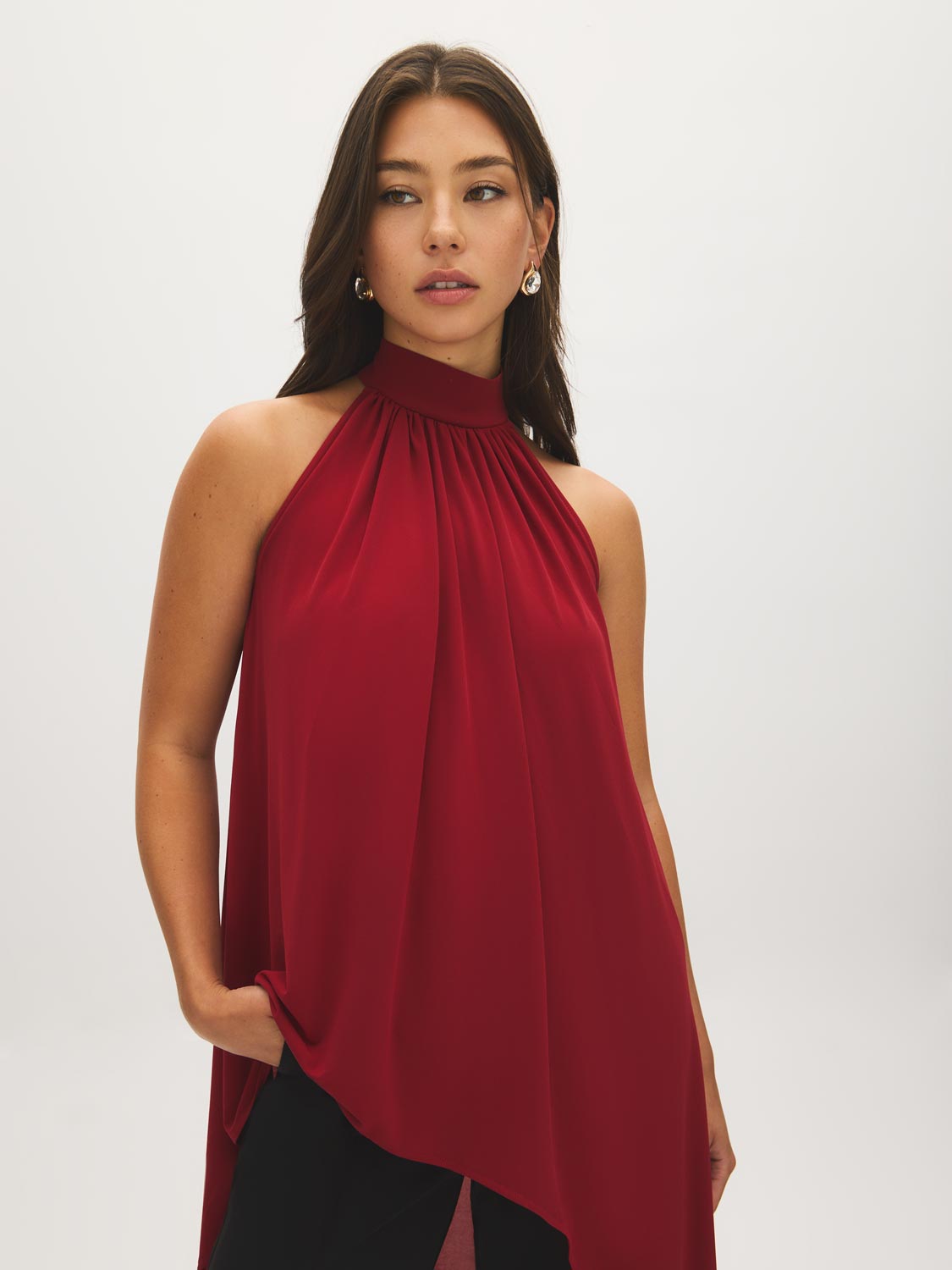 Lipstick Asymmetrical Mesh Halter Top - Front View - Suzy Shier