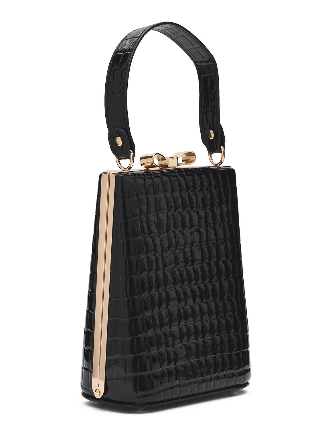 Black/Gold Faux Leather Croc Minaudire with Jewel Bow - Side Profile View - Le Chateau
