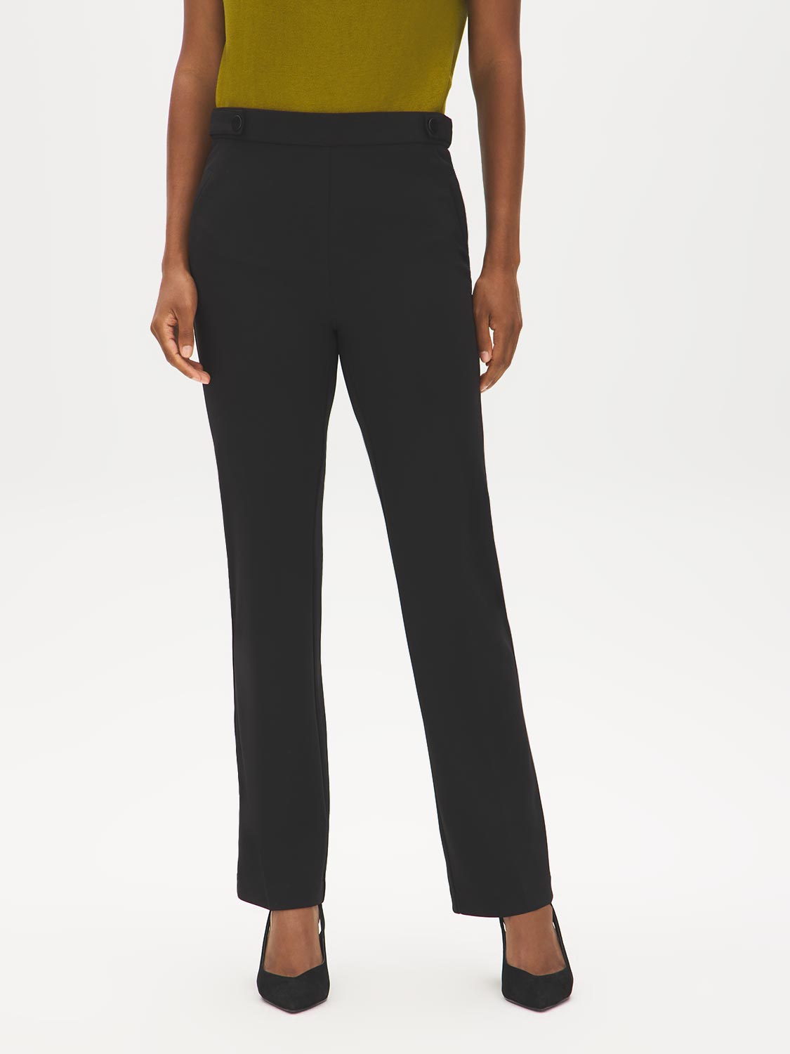 Black Pull-On Straight Leg Pants with Button Tabs - Front View - Suzy Shier