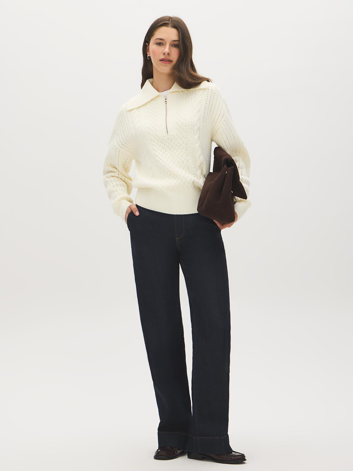 Snow White Quarter-Zip Cable Knit Sweater - Front View - Suzy Shier