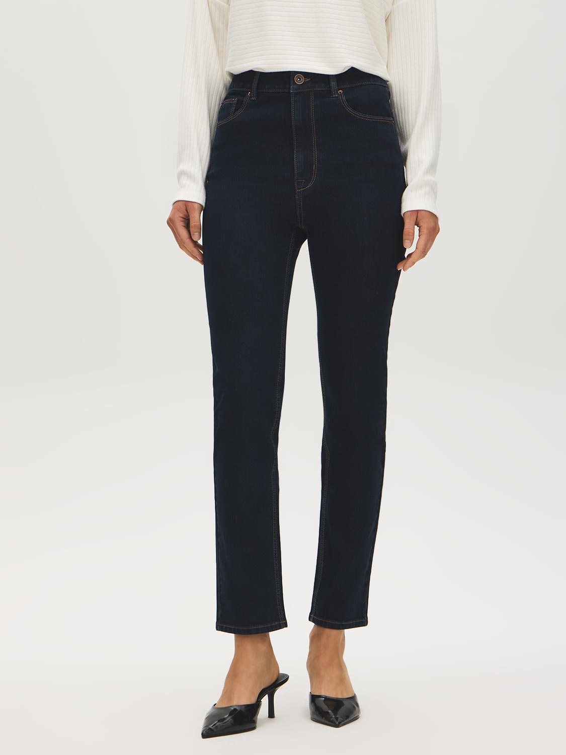 Indigo Rinse High-Rise Slim Leg Denim Pant - Front View - Suzy Shier