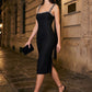 Black Square Neck Bandage Sheath Dress with Jewel Trim - Woman Wearing Fitted Evening Dress - Le Chateau