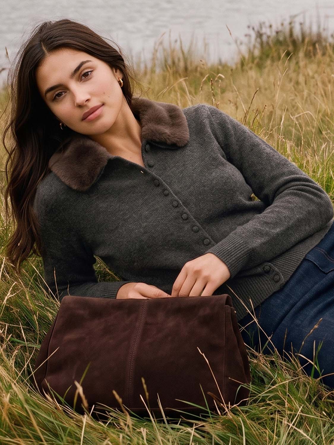 Dark Grey Knit Sweater Cardigan with Removable Fur Collar - Woman Wearing Button-Front Cardigan - Suzy Shier